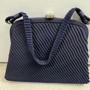 Vintage dark, navy blue frame handbag purse, rhinestone clasp